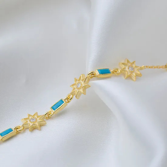 Star Baguette Shape Turquoise Sterling Silver Bracelet | 925 Sterling Silver Wholesale | Sade Silver Star Baguette Shape Turquoise Sterling Silver Bracelet - Sade 925 Silver Jewelry