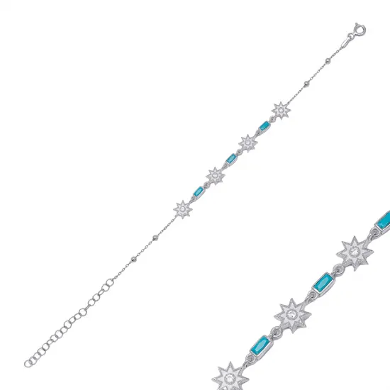 Star Baguette Shape Turquoise Sterling Silver Bracelet | 925 Sterling Silver Wholesale | Sade Silver Star Baguette Shape Turquoise Sterling Silver Bracelet - Sade 925 Silver Jewelry