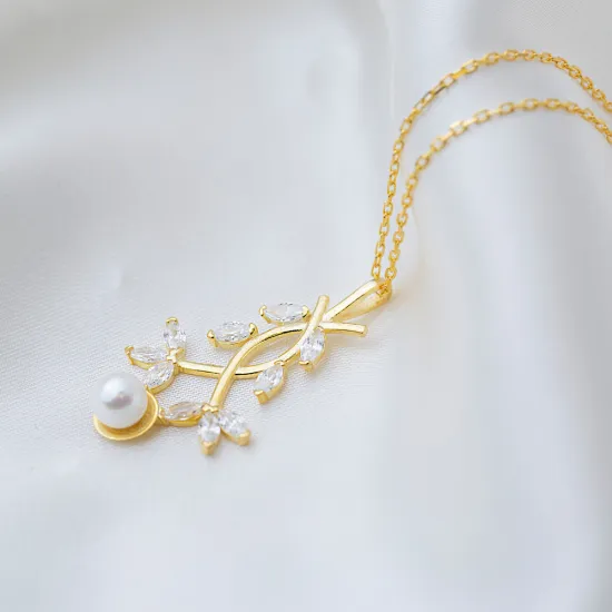 Pearl With Marquise CZ Ivy 925 Sterling Silver Necklace