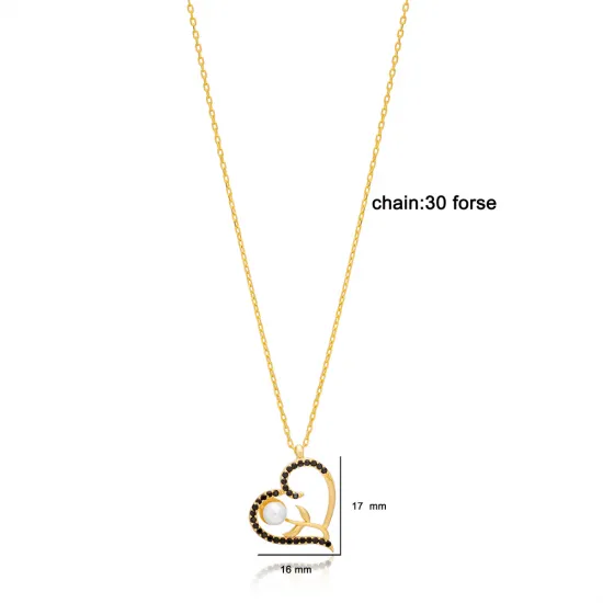 Flower in Heart Pearl Design with Black Zircon Stone Charm Necklace 925 Sterling Silver Jewelry Flower in Heart Pearl Design with Black Zircon Stone Charm Necklace 925 Sterling Silver Jewelry