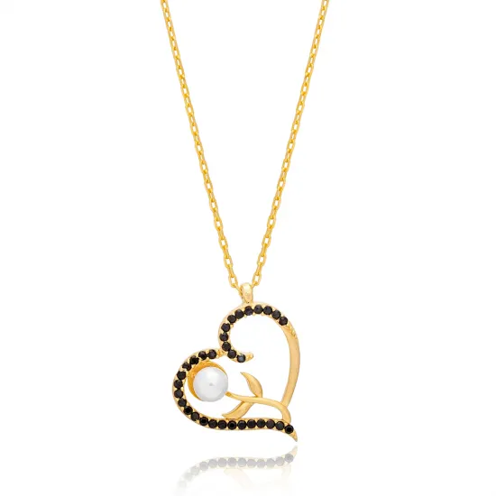 Flower in Heart Pearl Design with Black Zircon Stone Charm Necklace 925 Sterling Silver Jewelry Flower in Heart Pearl Design with Black Zircon Stone Charm Necklace 925 Sterling Silver Jewelry