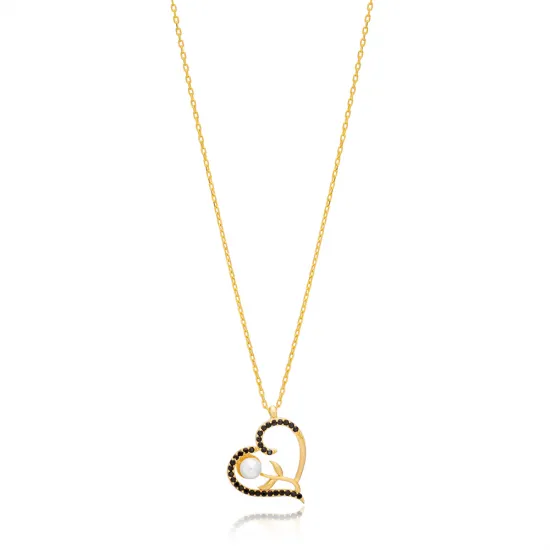 Flower in Heart Pearl Design with Black Zircon Stone Charm Necklace 925 Sterling Silver Jewelry Flower in Heart Pearl Design with Black Zircon Stone Charm Necklace 925 Sterling Silver Jewelry