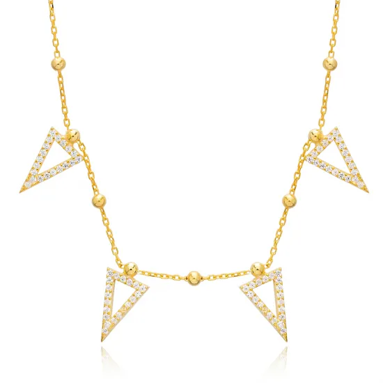 Geometric Triangle Ball Chain CZ Shaker Silver Necklace