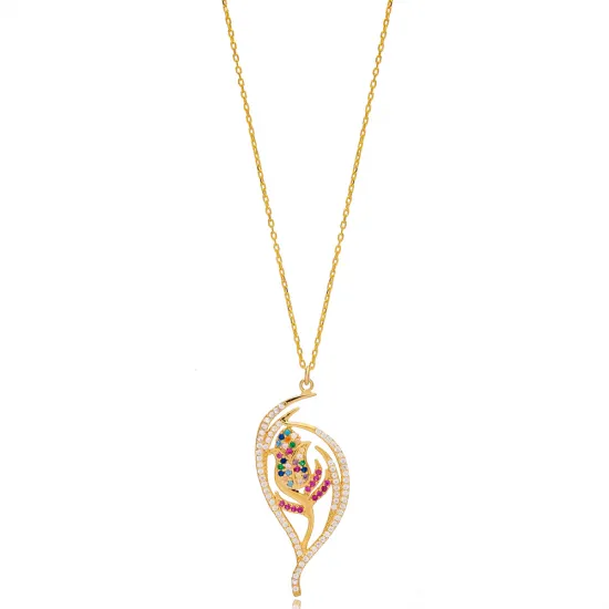 Tulip Flower Round Cut Mix With Ruby CZ Silver Necklace