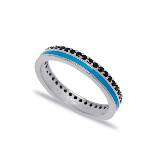 Blue Enamel Black CZ Band 925 Sterling Silver Ring