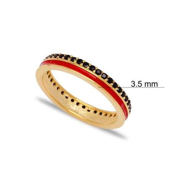 Red Enamel Black CZ Band 925 Sterling Silver Ring