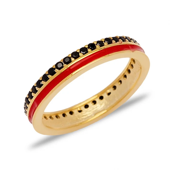 Red Enamel Black CZ Band 925 Sterling Silver Ring