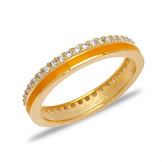 Mustard Yellow Color Enamel Clear CZ Band Silver Ring Mustard Yellow Color Enamel Clear CZ Band Silver Ring