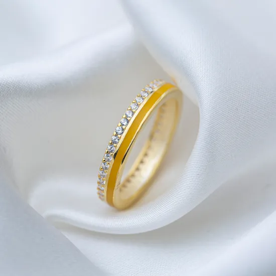 Mustard Yellow Color Enamel Clear CZ Band Silver Ring Mustard Yellow Color Enamel Clear CZ Band Silver Ring