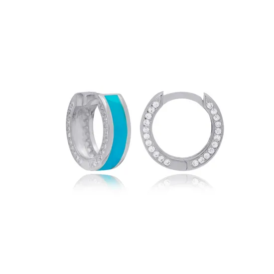 Turquoise Color Enamel Design Clear Zircon Stone Hoop Earrings 925 Sterling Silver Jewelry