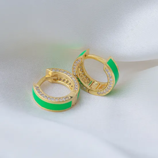Bright Green Color Enamel Shiny CZ 925 Silver Earrings Bright Green Color Enamel Shiny CZ 925 Silver Earrings