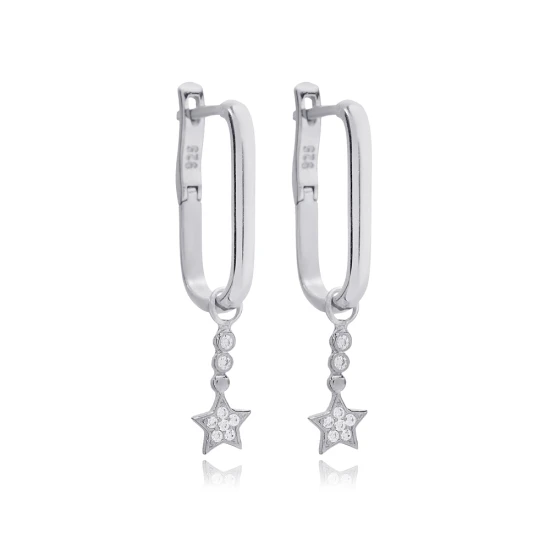 Minimalist Star Shiny CZ Dangle 925 Silver Earrings | 925 Sterling Silver Wholesale | Sade Silver Minimalist Star Shiny CZ Dangle 925 Silver Earrings - Sade 925 Silver Jewelry