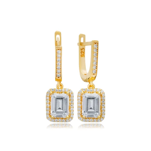 Rectangle Shape Clear CZ Dangle 925 Silver Earrings