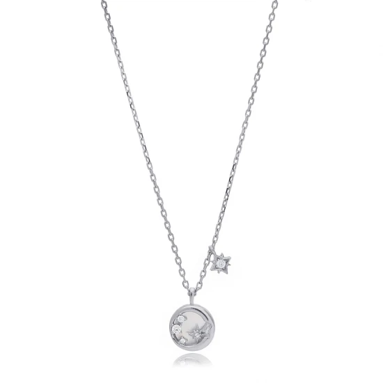 Mother Of Pearl Moon With Hanging Star Silver Necklace
