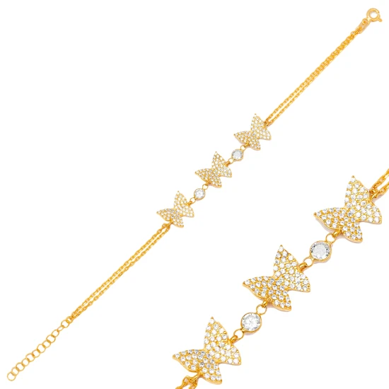 Triple Butterfly Animal Clear CZ 925 Silver Bracelet - Sade 925 Silver Jewelry