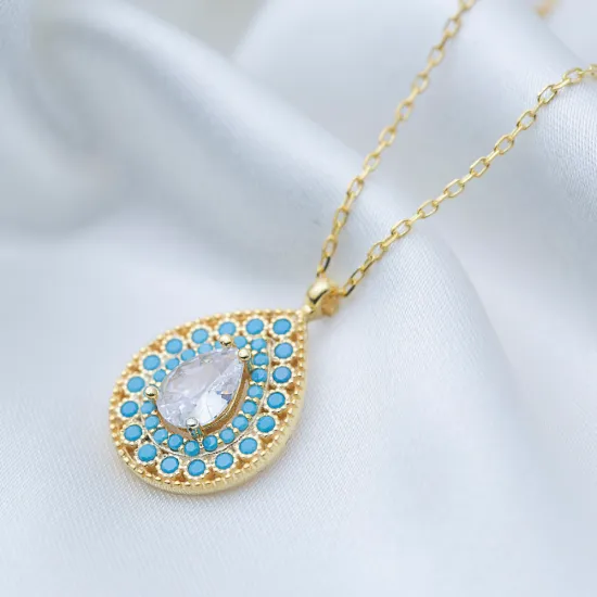 Pear Cut Zircon Stone with Turquoise Stone Pear Shape Charm Necklace 925 Sterling Silver Jewelry Pear Cut Zircon Stone with Turquoise Stone Pear Shape Charm Necklace 925 Sterling Silver Jewelry