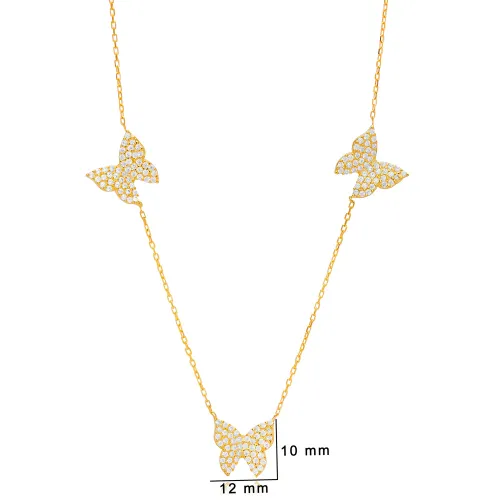 Triple Butterfly Animal Shiny CZ Shaker Silver Necklace