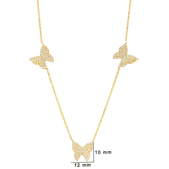 Triple Butterfly Animal Shiny CZ Shaker Silver Necklace | 925 Sterling Silver Wholesale | Sade Silver Triple Butterfly Animal Shiny CZ Shaker Silver Necklace - Sade 925 Silver Jewelry