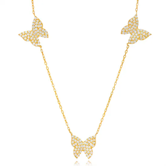 Triple Butterfly Animal Shiny CZ Shaker Silver Necklace | 925 Sterling Silver Wholesale | Sade Silver Triple Butterfly Animal Shiny CZ Shaker Silver Necklace - Sade 925 Silver Jewelry