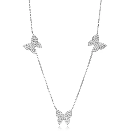 Triple Butterfly Animal Shiny CZ Shaker Silver Necklace | 925 Sterling Silver Wholesale | Sade Silver Triple Butterfly Animal Shiny CZ Shaker Silver Necklace - Sade 925 Silver Jewelry
