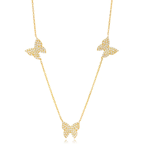 Triple Butterfly Animal Shiny CZ Shaker Silver Necklace