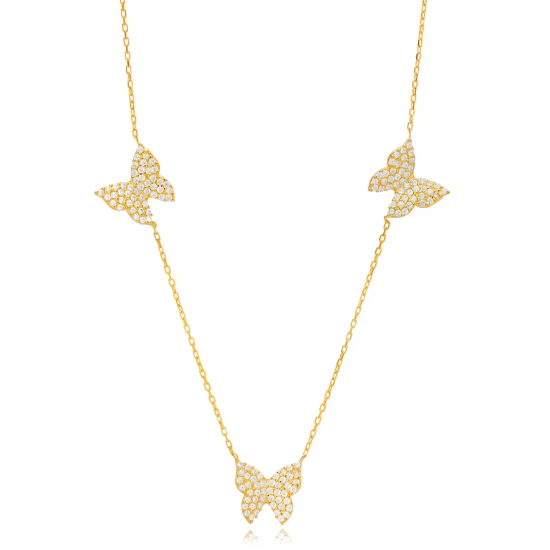 Triple Butterfly Animal Shiny CZ Shaker Silver Necklace | 925 Sterling Silver Wholesale | Sade Silver Triple Butterfly Animal Shiny CZ Shaker Silver Necklace - Sade 925 Silver Jewelry