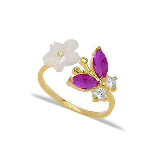 Ruby Emerald Flower Open Butterfly Sterling Silver Ring