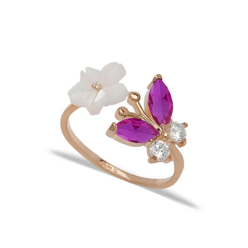 Ruby Emerald Flower Open Butterfly Sterling Silver Ring