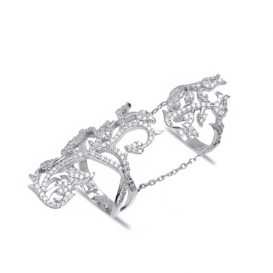 Double Chain CZ Two Fingers 925 Sterling Silver Ring