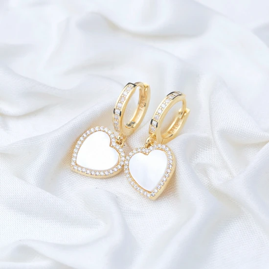 Mother Of Pearl Heart CZ Dangle 925 Silver Earrings Mother Of Pearl Heart CZ Dangle 925 Silver Earrings