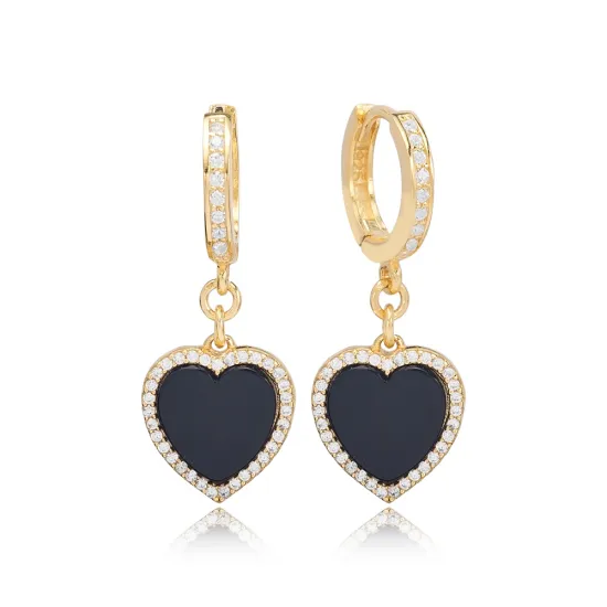Black Onyx Heart CZ Dangle 925 Sterling Silver Earrings