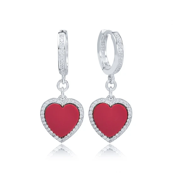 Red Heart CZ Dangle 925 Sterling Silver Earrings | 925 Sterling Silver Wholesale | Sade Silver Red Heart CZ Dangle 925 Sterling Silver Earrings - Sade 925 Silver Jewelry