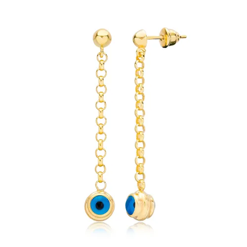 Evil Eye Chain Silver Stud Long Earrings