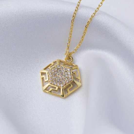 Hexagon Geometric Shape Greek Motif 925 Silver Necklace Hexagon Geometric Shape Greek Motif 925 Silver Necklace