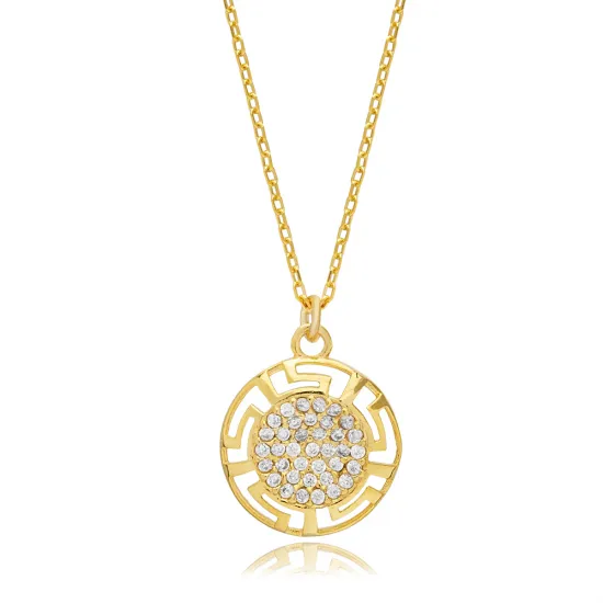 Round Shape Zircon Stone Greek Motif Design Charm Necklace Turkish Handmade Wholesale Jewelry 925 Sterling Silver Pendant