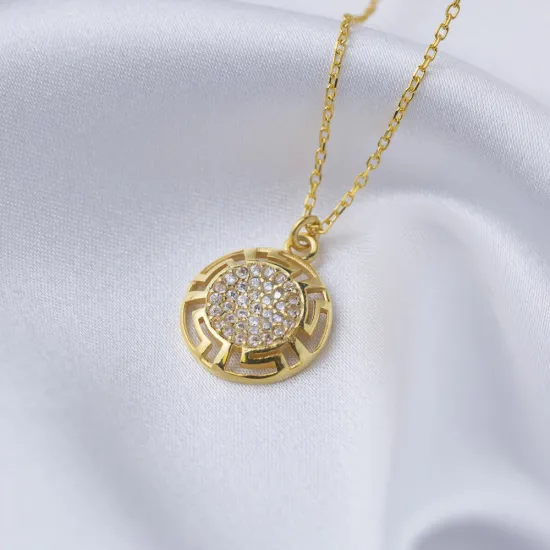 Round Shape Zircon Stone Greek Motif Design Charm Necklace Turkish Handmade Wholesale Jewelry 925 Sterling Silver Pendant