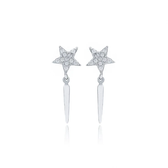 Thin Rod Star CZ 925 Sterling Silver Earrings Thin Rod Star CZ 925 Sterling Silver Earrings