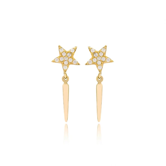 Thin Rod Star CZ 925 Sterling Silver Earrings Thin Rod Star CZ 925 Sterling Silver Earrings