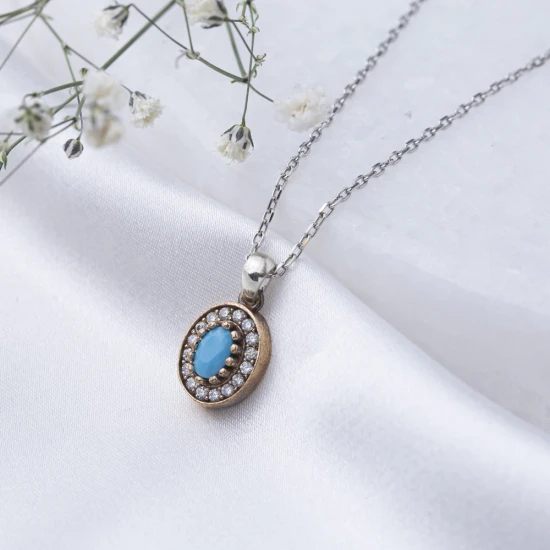 Oval Shape Turquoise CZ 925 Sterling Silver Pendant