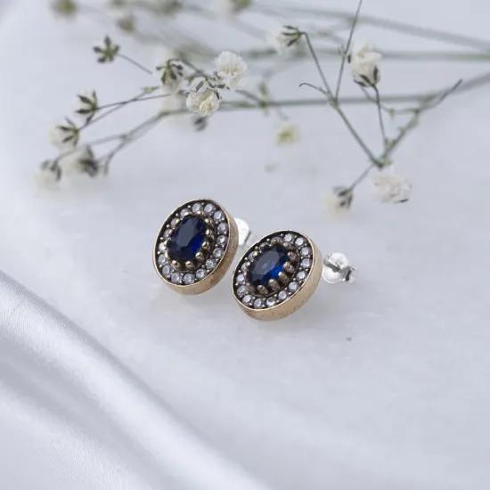 Oval Shape Sapphire CZ 925 Sterling Silver Earrings