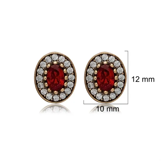 Oval Shape Garnet CZ Stone Authentic Stud Earrings Turkish Handmade Wholesale Jewelry 925 Sterling Silver Earrings