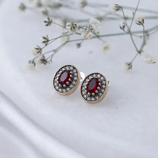 Oval Shape Garnet CZ Stone Authentic Stud Earrings Turkish Handmade Wholesale Jewelry 925 Sterling Silver Earrings