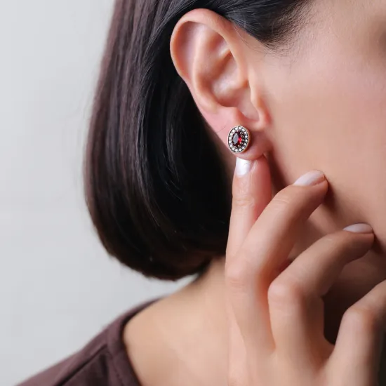 Oval Shape Garnet CZ Stone Authentic Stud Earrings Turkish Handmade Wholesale Jewelry 925 Sterling Silver Earrings