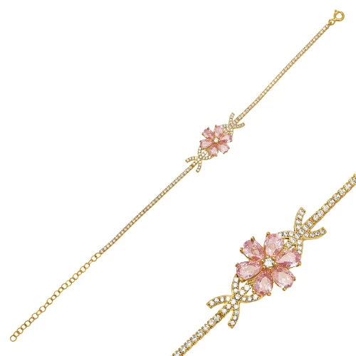Dainty Pear Flower Pink Quartz Cubic CZ Silver Bracelet