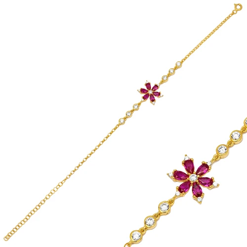 Ruby Flower Link Chain 925 Sterling Silver Bracelet