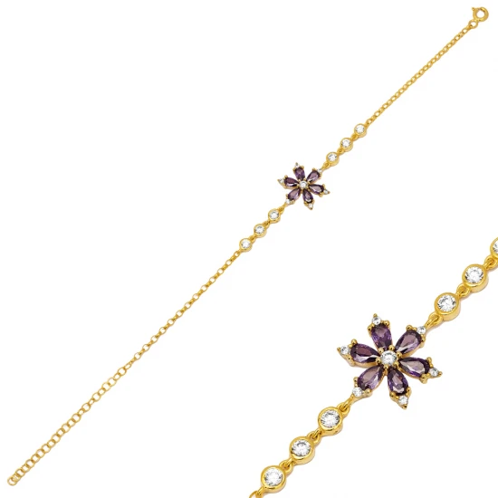 Cubic CZ Amethyst Pear Flower Women 925 Silver Bracelet - Sade 925 Silver Jewelry