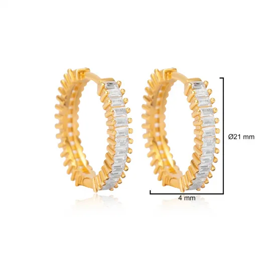 Ø21mm Trendy Baguette Handcrafted Cubic Zircon Stone Hoop Earrings Turkish Wholesale 925 Silver Jewelry