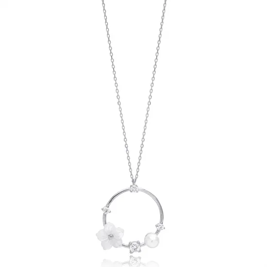 Hollow Flower Round Charm Pearl Pendant Necklace Wholesale Turkish 925 Sterling Silver Jewelry