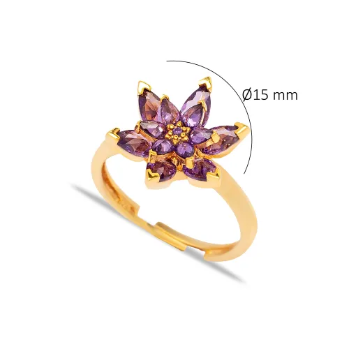 Amethyst CZ Flower Adjustable Cluster 925 Silver Ring