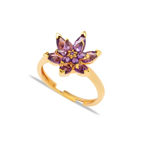 Amethyst CZ Flower Adjustable Cluster 925 Silver Ring
